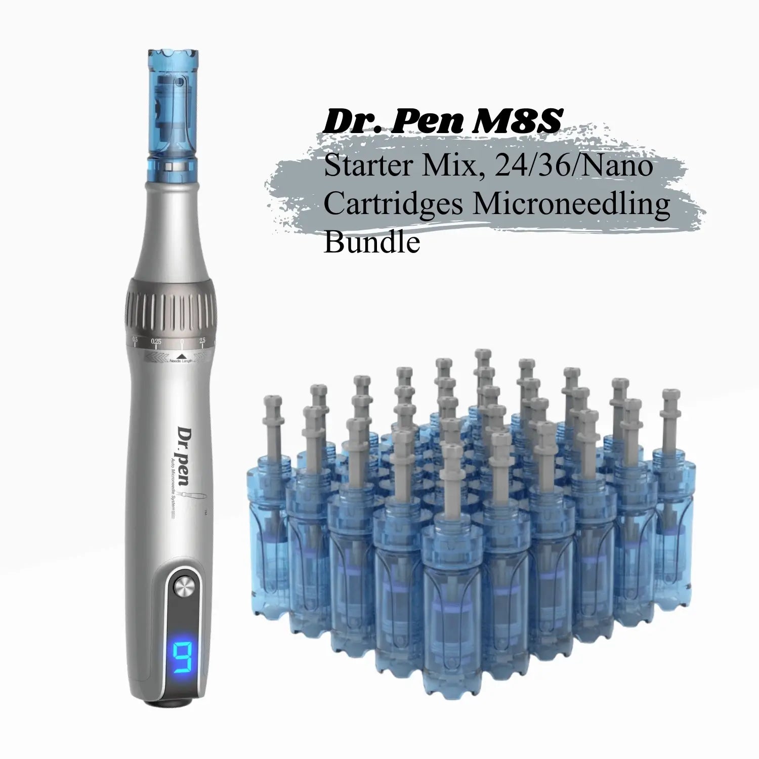 Dr. Pen M8S microneedling tool with multiple cartridges on a white background