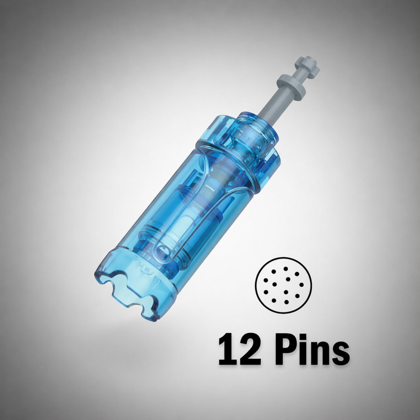 Blue mechanical component with '12 Pins' text on a gray background