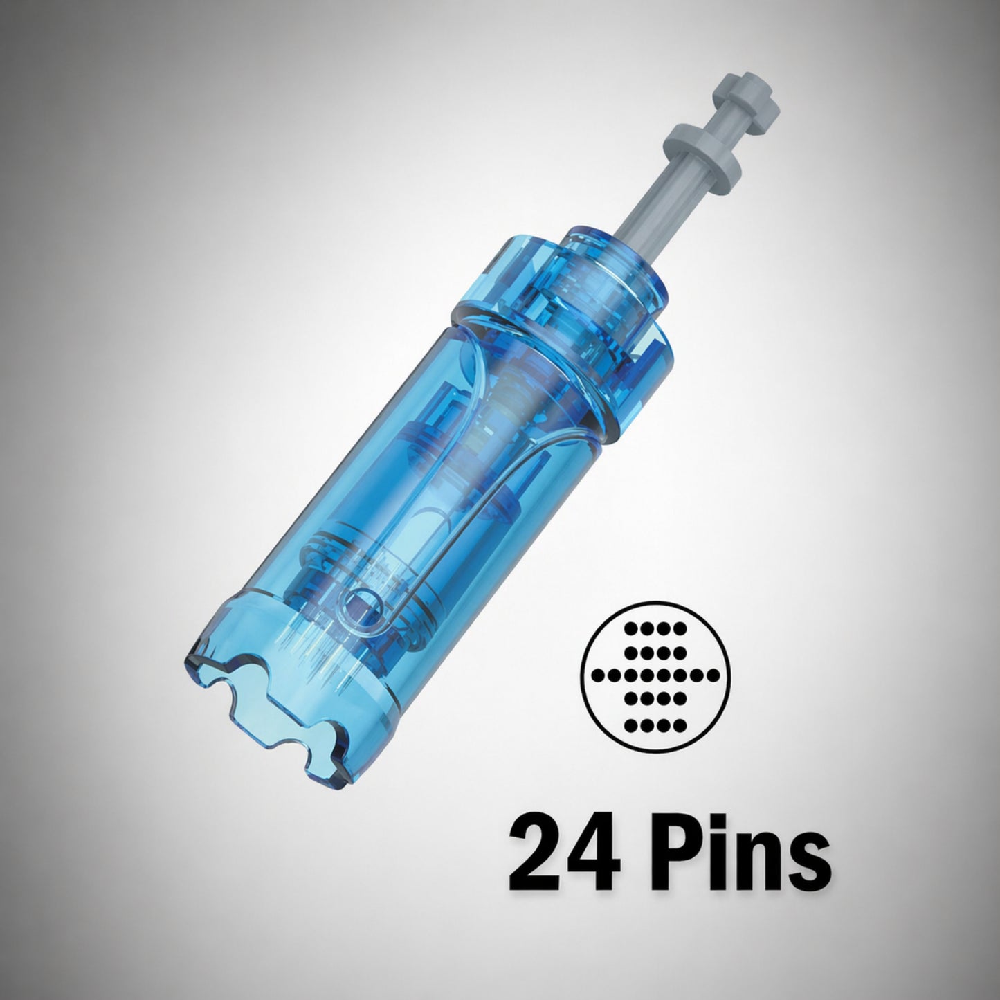 Blue syringe-like tool with '24 Pins' text on a gray background