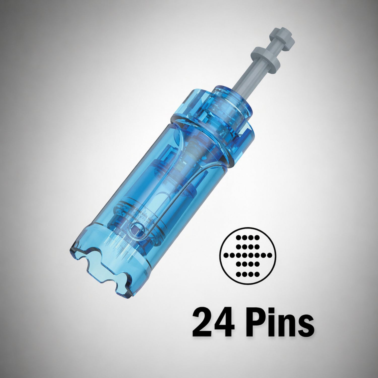 Blue syringe-like tool with '24 Pins' text on a gray background
