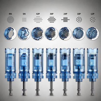 Set of blue tattoo needles with corresponding diagram on a gray background