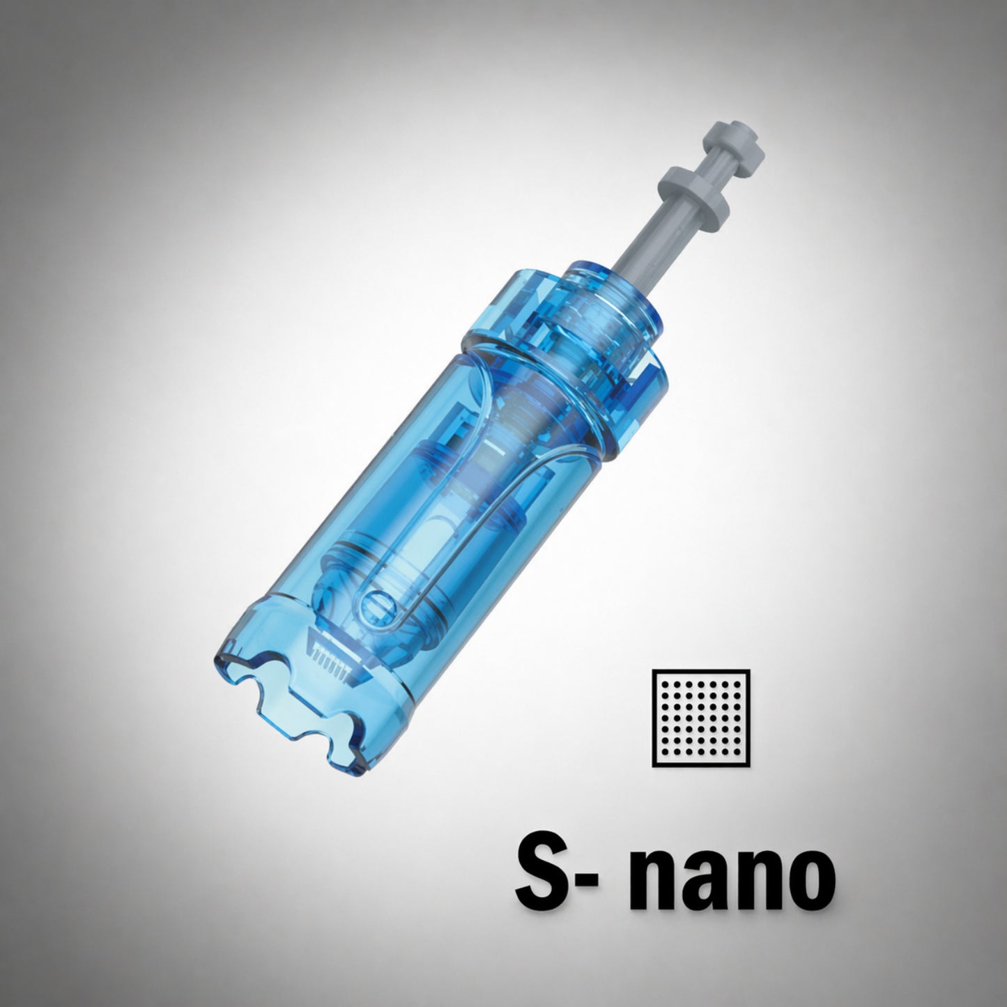 Blue dental tool labeled 'S-nano' on a gray background