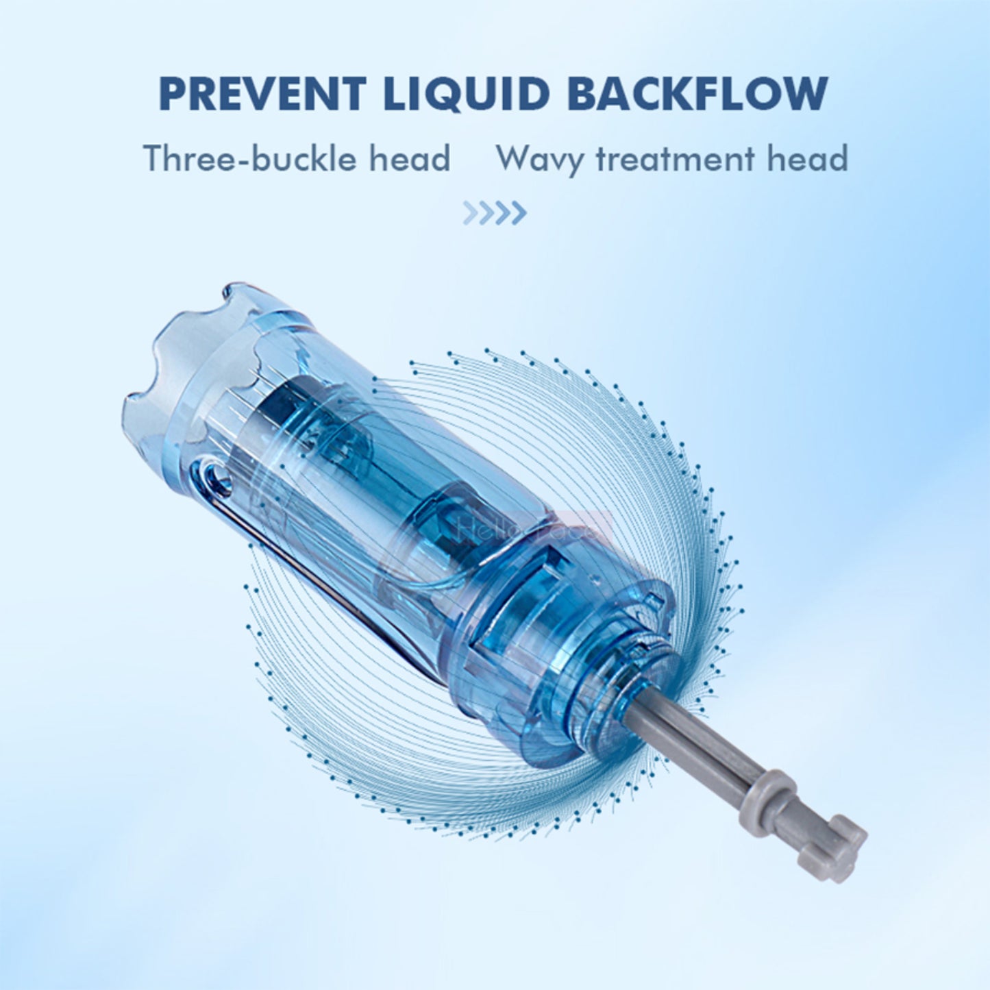 Medical device with text explaining features on a blue background
