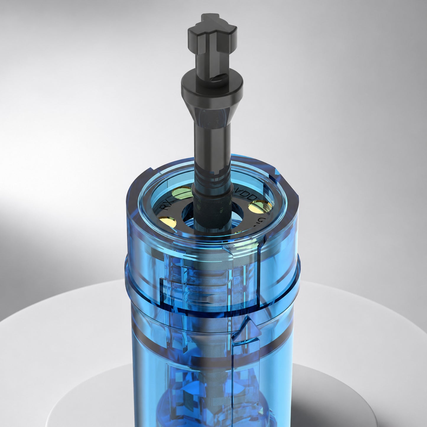 Blue mechanical component on a gray background