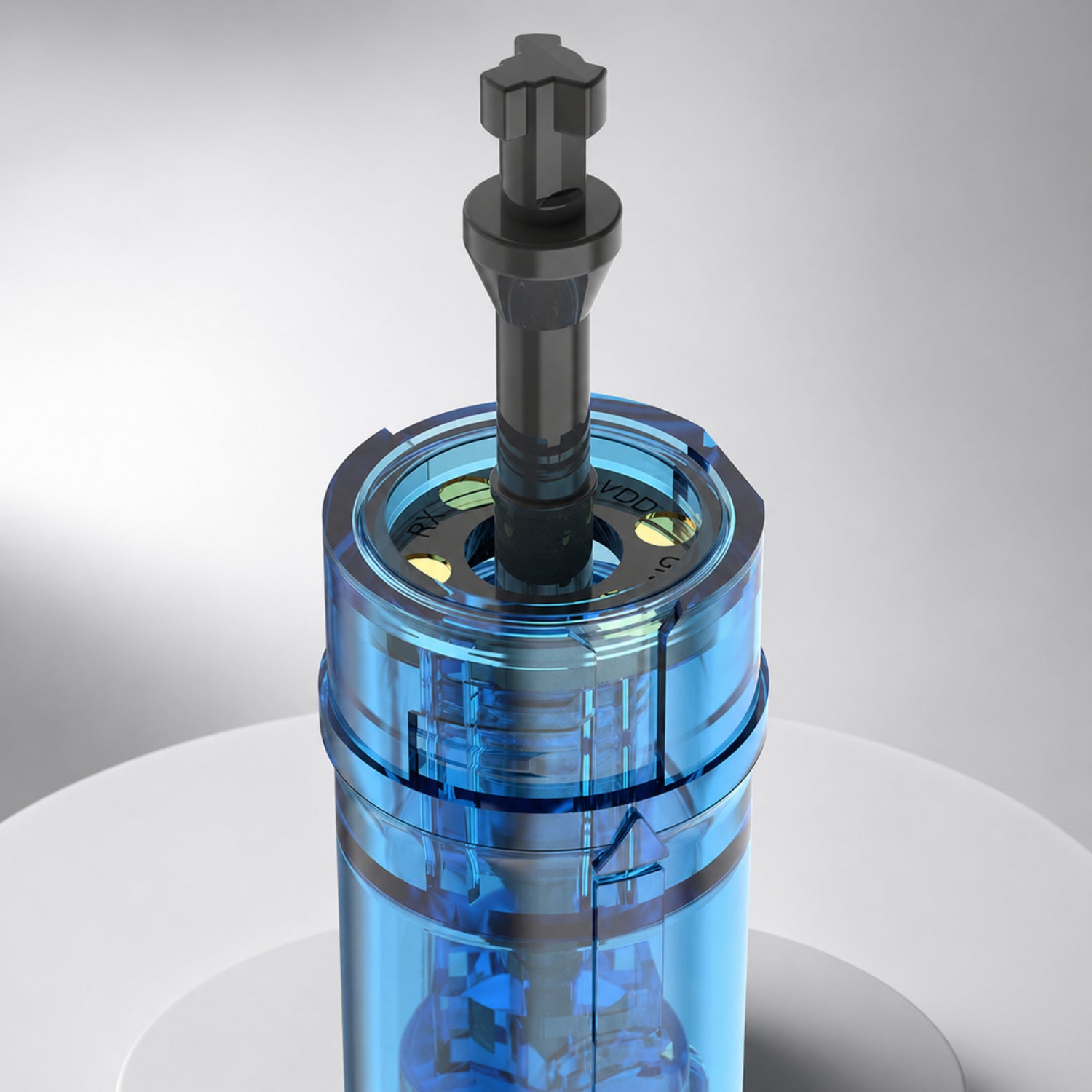 Blue mechanical component on a gray background