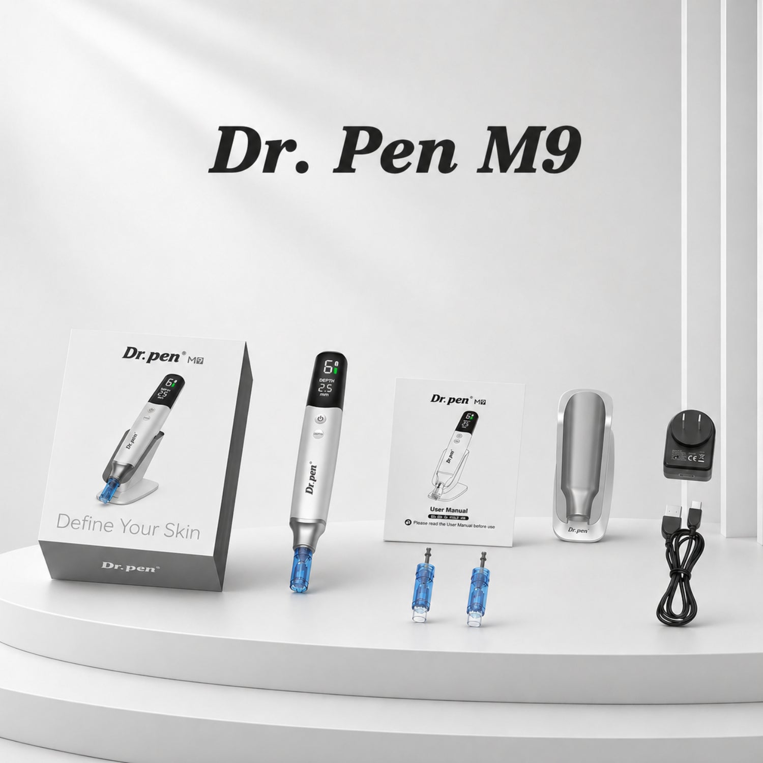 Dr. Pen M9 device with packaging and accessories on a white background