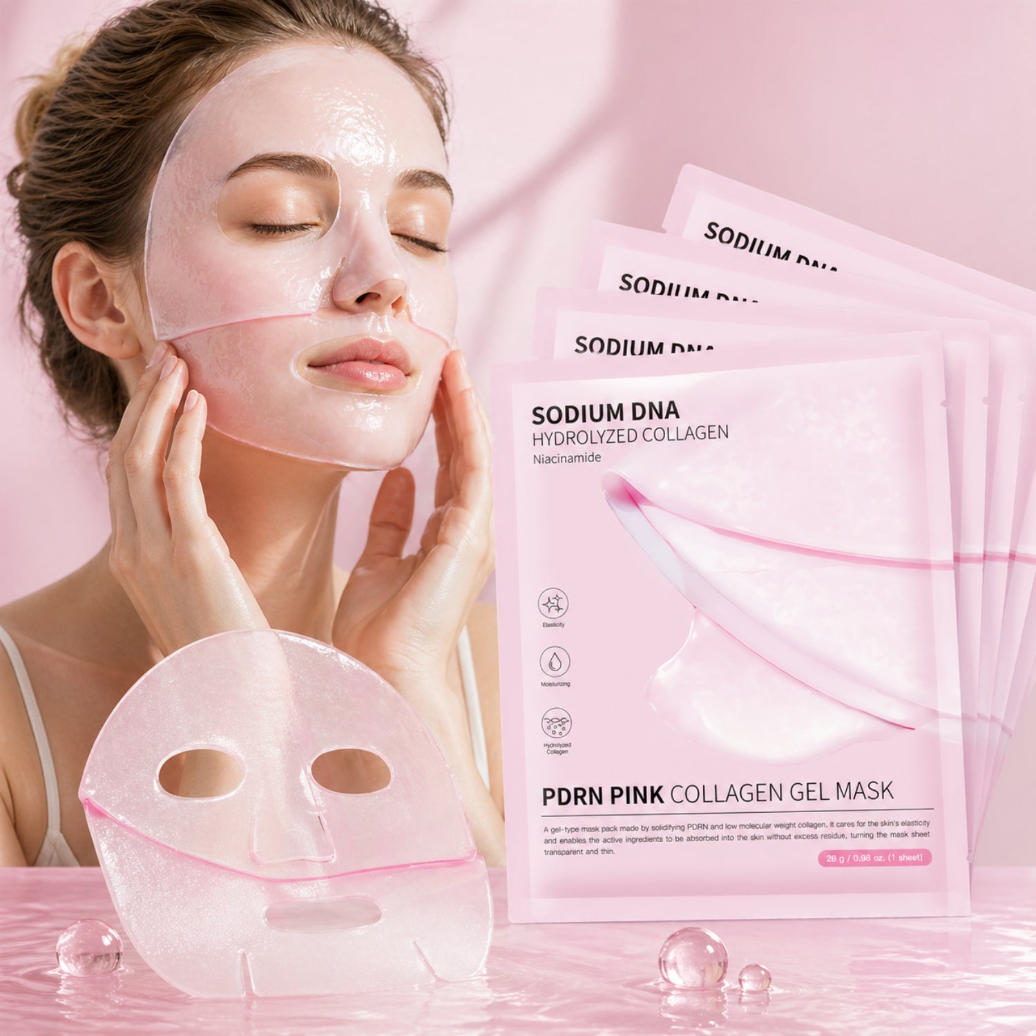 Woman wearing a pink collagen gel mask with packaging on a pink background